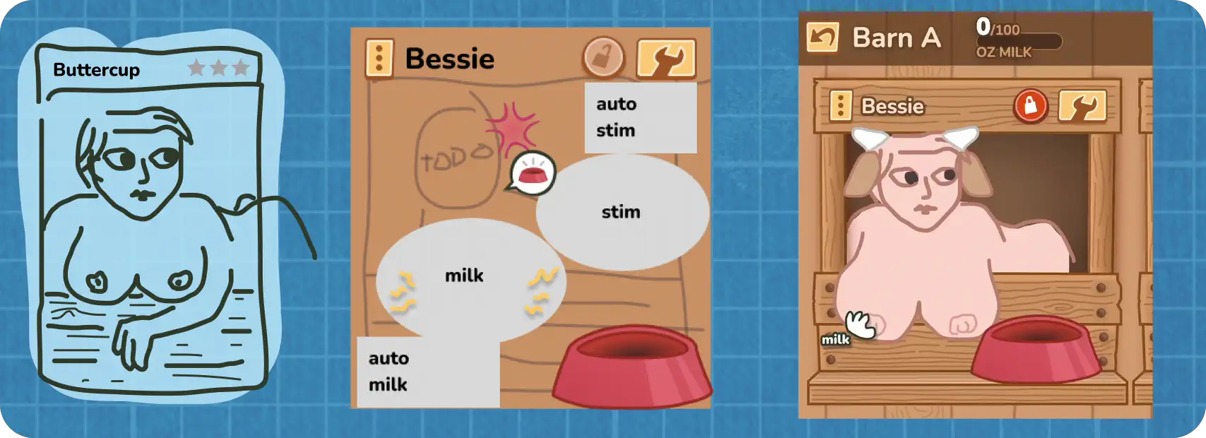 Drafting the cow stall. Starting with a sketch, blocking interactive regions, placeholder color art with animated bouncy interaction.
