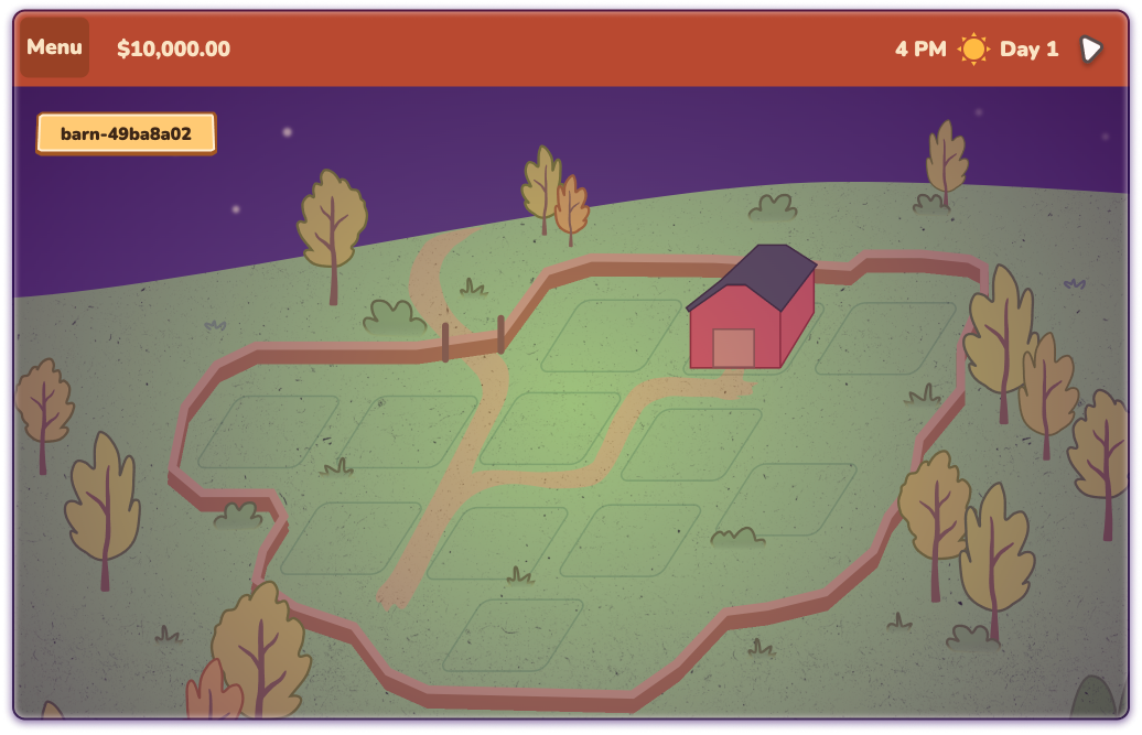 An illustrated farm at night. Some text and buttons suggest you'll have money and game actions you can take.